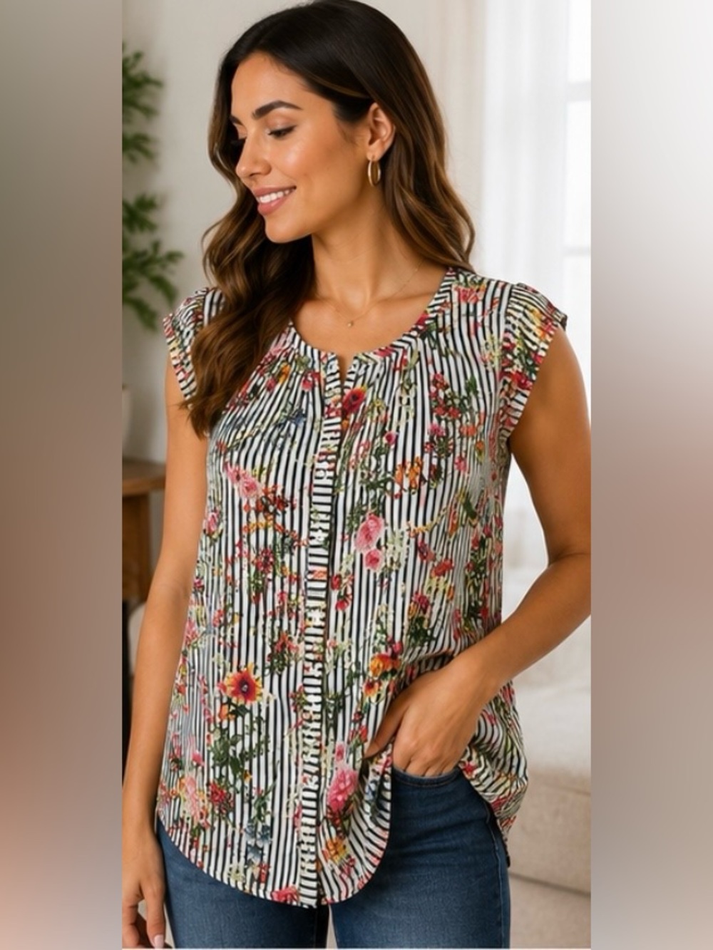 Floral Stripe Cap-Sleeve Blouse - Black & White